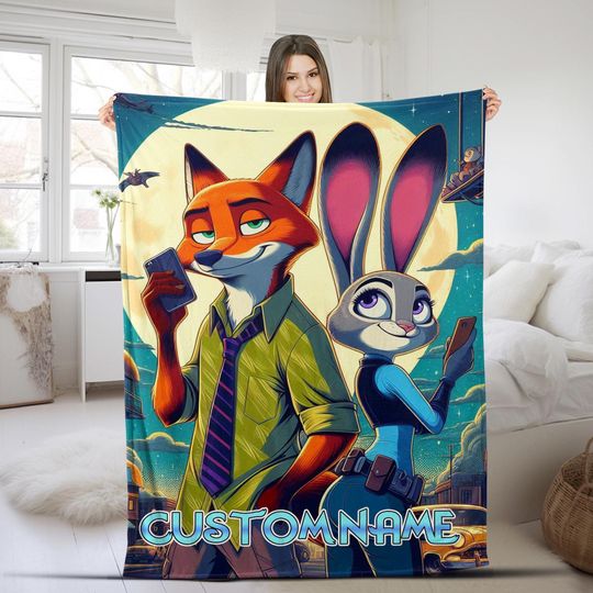 Discover Personalized Disney Zootopia Blanket, Custom Name Baby Judy Hopps Nick Wilde Birthday Gift