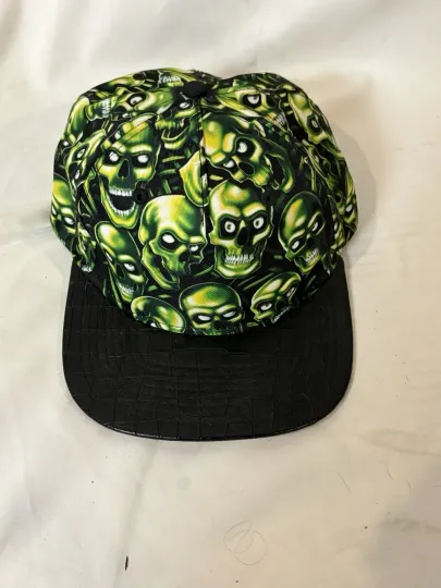 Discover 2019 Liquid Blue Green Skull Pile AOP Black Hat Buckle Strap, Hip Hop Cyber Goth