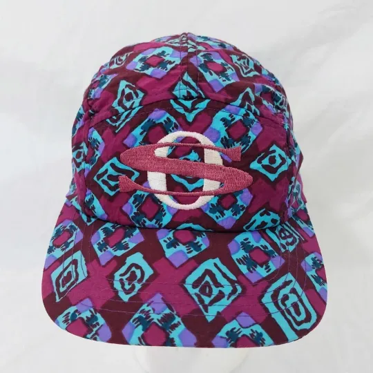 Discover Vintage 80s Sideout AOP Tribal Patterned Nylon Hawaiian Floral 5 Panel Cap Hat.