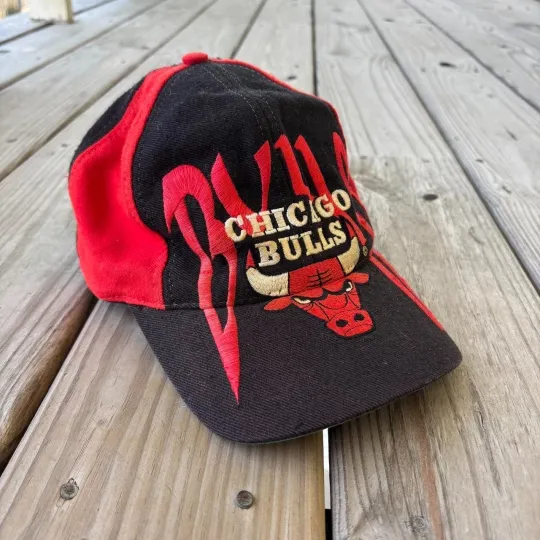 Vintage Chicago Bulls Hat 90s NBA Black & Red AOP Jordan Cap Adjustable