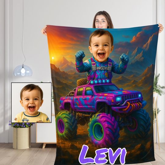 Discover Personalized Monster Truck Gift Blanket with Childs Photo & Name for Boys