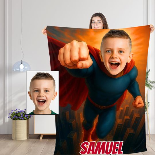 Discover Personalized Flying Superhero Blanket with Childs Face & Name, Custom Super Boy Gift