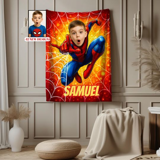 Discover Personalized Spider Hero Blanket with Childs Photo and Name, Custom Superhero Design for Kids