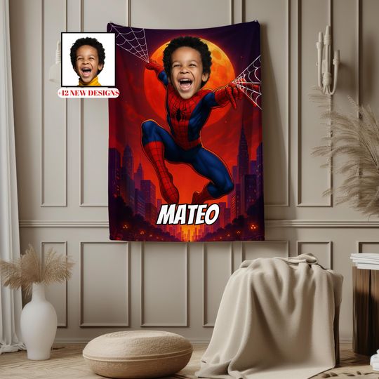 Discover Personalized Spider Hero Blanket with Childs Photo & Name