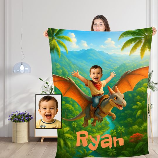 Discover Personalized Dinosaur Fleece Blanket with Child's Face and Name, Flying Pterosaur Adventure for Kids
