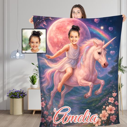 Discover Personalized Unicorn Princess Fleece Blanket with Child's Face and Name