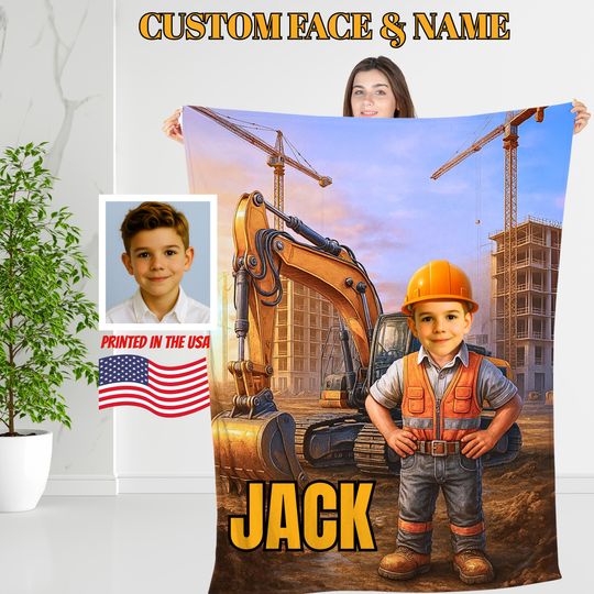 Discover Custom Construction Excavator Blanket with Childs Photo & Name