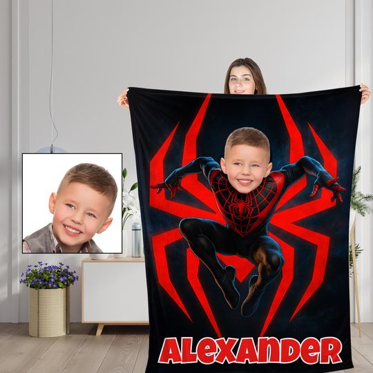 Discover Personalized Spider Hero Blanket with Childs Photo & Name