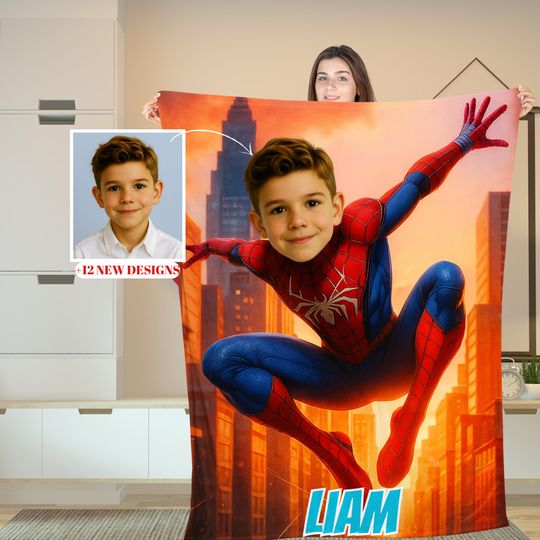Discover Custom Spider Boy Kids Blanket with Childs Photo & Name, Personalized Superhero, Gift Boys