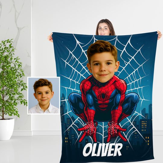 Discover Personalized Spider Hero Blanket with Childs Photo & Name, Custom Superhero Spidey Gift for Kids