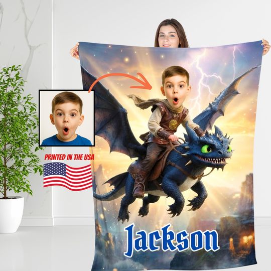 Discover Personalized Dragon Blanket with Child Face & Name, Custom Fantasy Adventure Photo Gift