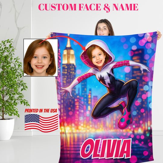 Discover Custom Spider Hero Girl Blanket,Personalized Superhero Girl with Your Childs Face & Name