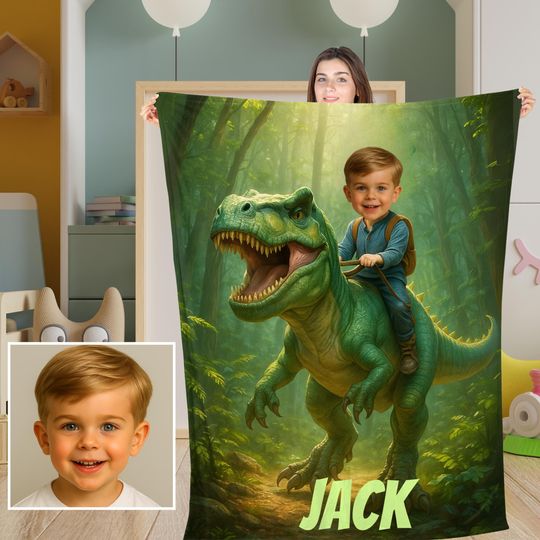 Discover Personalized Dinosaur Blanket with Childs Photo & Name