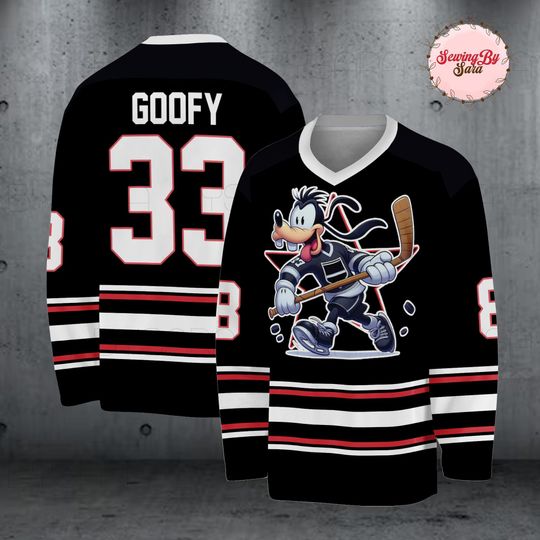 Discover Disney Goofy Hockey Jersey Shirt, Personalized Name Number Ice Hockey Jersey, Goofy Black Red Hockey Jersey, Unisex Hockey Fan Shirt