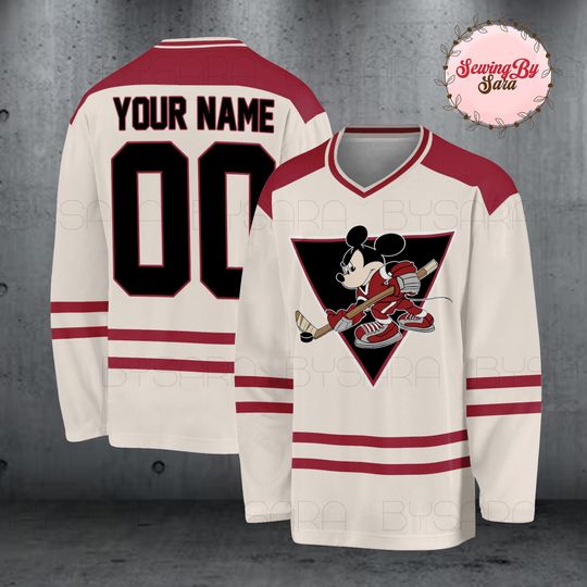 Discover Custom Cartoon Mouse Hockey Jersey, Personalized Ice Hockey Jersey Adult Youth, Red Cream Unisex Hockey Shirt