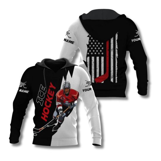 Discover Personalized Ice Hockey Hoodie, Custom Name Sleeves, USA Flag Hockey Stick Back Print