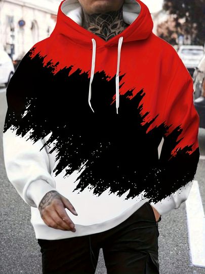 European and American men's autumn patchwork color print comfortable soft hooded sweatshirt outdoor trendy top