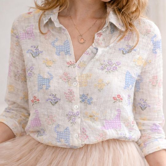 Discover Women's Cat Flower Pattern 3D Print Long Sleeve Blouse