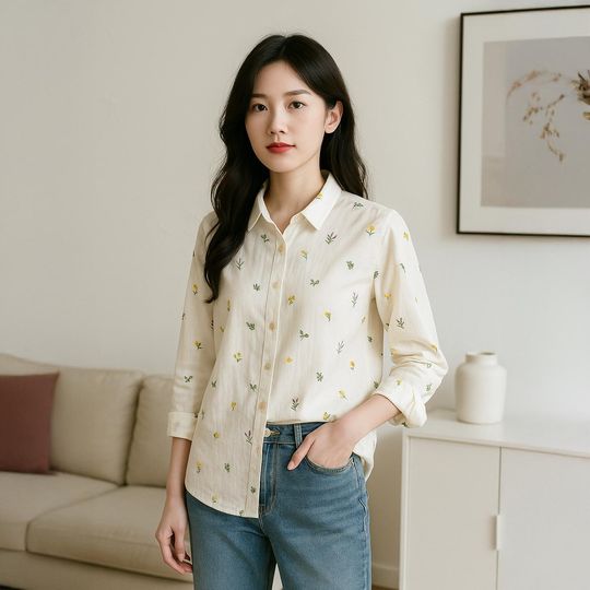 Discover Lavender Wildflower Ramie Cotton Button-Up Blouse for Women