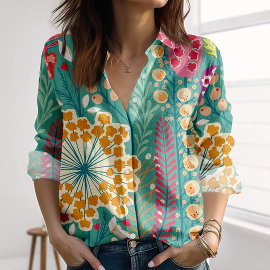 Discover Colorful Botanical Linen-Look Women's Blouse with Folk Art Floral and Artistic Button Details