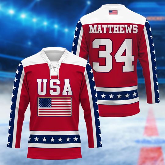 Discover USA Patriotic Red Hockey Jersey, Custom Name & Number Lace Up Jersey, American Flag Stars Stripes Shirt, 4th of July Hockey Gift