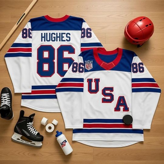 Discover USA Hockey Jersey, USA Patriotic Print Jersey, American Fan Pride Hockey, 86 Hughes Fan Shirt, Sport Gift For Him