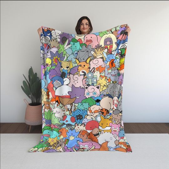 Discover Anime Fleece Blanket for Kids and Teens, Pkmn Red Blue Game Sprites Inspired, Perfect Gift