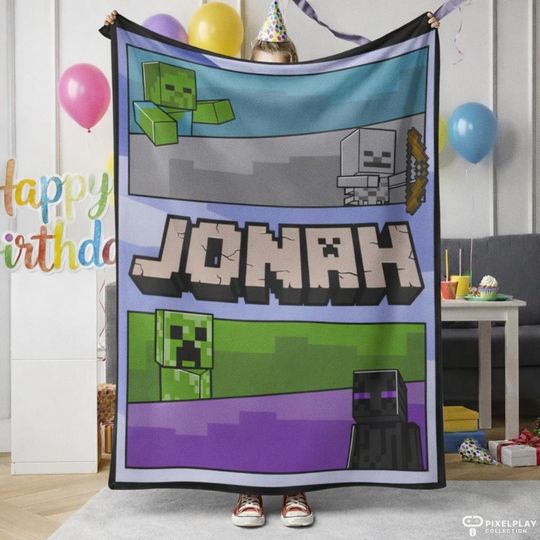 Custom Minecraft Fleece Blanket for Kids, Personalized Birthday Gift