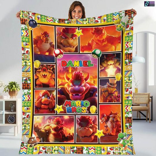 Personalized Super Mario Bros Bowser Fleece Blanket, Bowser Princess Peach Blanket