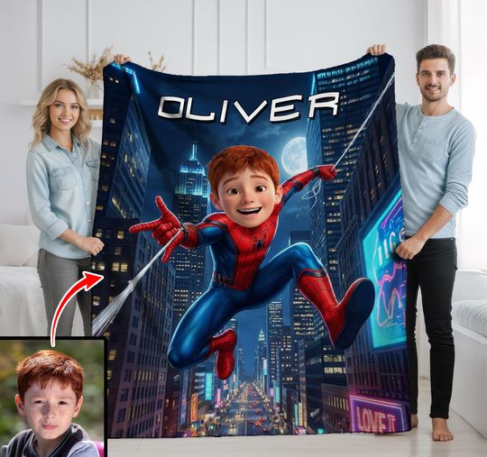 Discover Personalized Spider Hero Blanket with Photo & Name, Custom Superhero Kids Blanket