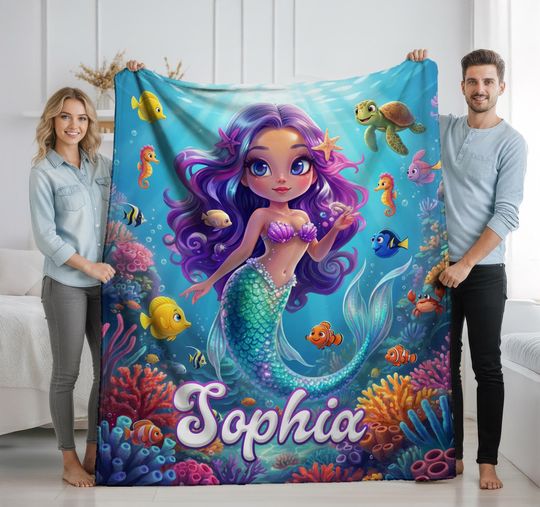 Discover Custom Name Mermaid Blanket, Personalized Baby Girl Blanket, Name Kids Blanket