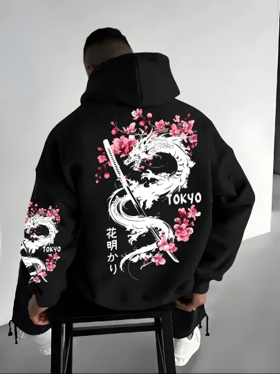 Discover Trendy men's anime dragon and cherry blossom print hooded sweatshirt for casual street comfort, inspired design hoodie