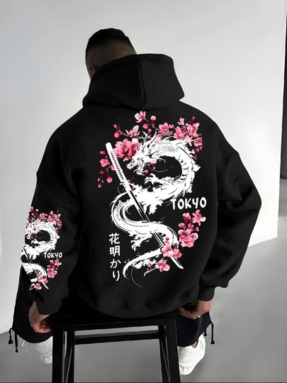Discover Japan Men Women Anime Dragon Sakura Print Hoodie Street Harajuku Y2K Sports Casual Loose Autumn Winter Warm Sweatshirt Clothing