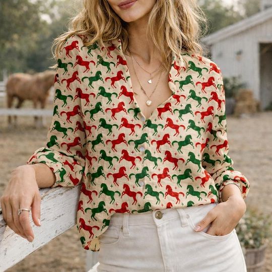 Discover Vintage Horse 3D Print Women's Casual Shirt with Long Sleeves