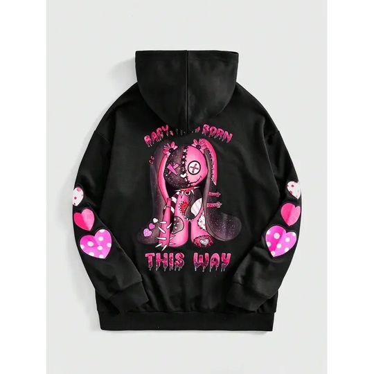 Discover 2025 Fashion Pink Teddy Bear; Cute Horror Printed Women's Fleece Hoodie; Street Casual Hip Hop Hoodie
