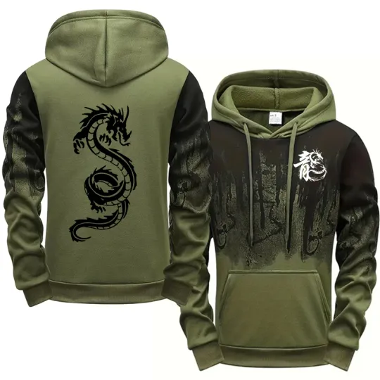 Discover Dragon Printed Hoodies for Men All Season Daily Casual Sporty Pullover 2025 Fashion Ink Splash Design Hooded Sweatshirts