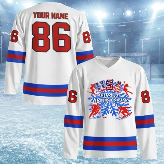 Discover Custom USA Chasing Winter Dreams Hockey Jersey, Winter Games 2026 Italy Inspired