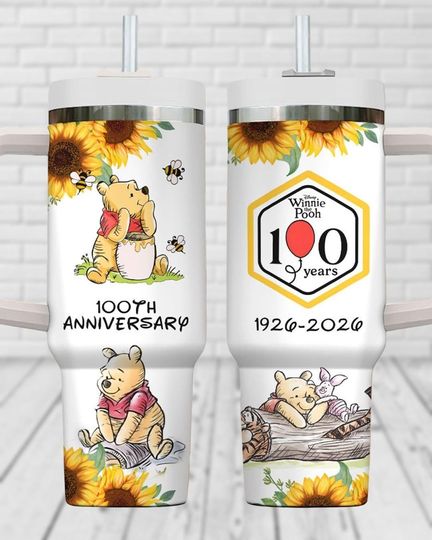 Discover Winnie The Pooh 100th Anniversary Tumbler 40oz with Handle, Cartoon Insulated Coffee Cup, Disney Tumblers
