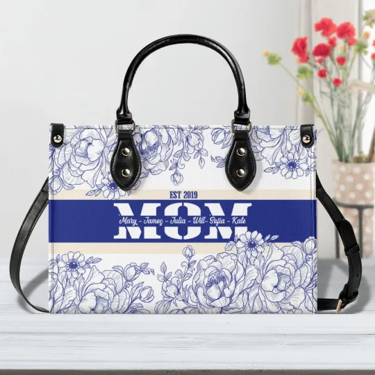 Discover MOM Handbag, Blue Floral Leather Tote Purse, Personalized Mother Gift Bag
