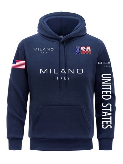 Discover Milano Letter Men Hoodies American Flag Hoodie fur-liner Fleece  Hoody Man Casual Spring Autumn Clothing
