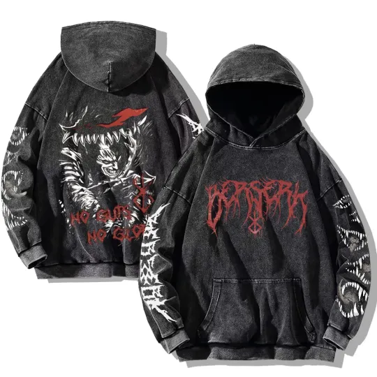 Discover Mens Berserkk Hoodies Gothic Print Vintage Washed Hoodie Hip Hop Streetwear Cotton Sweatshirts Harajuku Casual Hooded Pullover