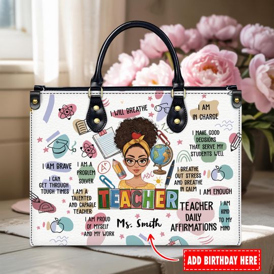 Discover Personalization Black Teacher Name Leather Handbag  Inspirational Affirmation Design