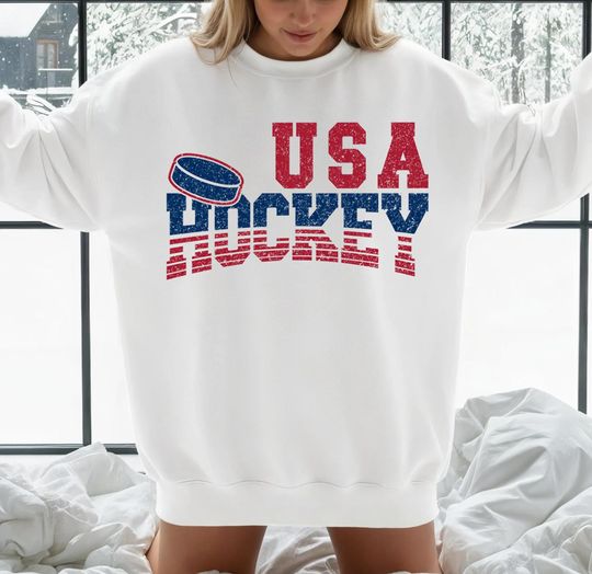 Discover Patriotic Hockey Sweatshirt | USA Inspired Hockey Crewneck | Red White Blue Sports Fan Sweatshirt | Unisex Athletic Pullover
