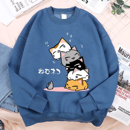 Discover Cute Stacked Cats Sleeping Don'T See The Mouse Men Clothing Anime Pullover Hoodies Loose Fleece Hoody Casual O-Neck Streetwear