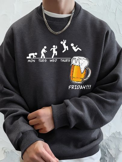 Discover Friday Beer Lover Funny Printed Men Sweatshirt Winter Fleece Warm Hoodies Korean Loose Crewneck Pullovers Hip Hop Male Clothes