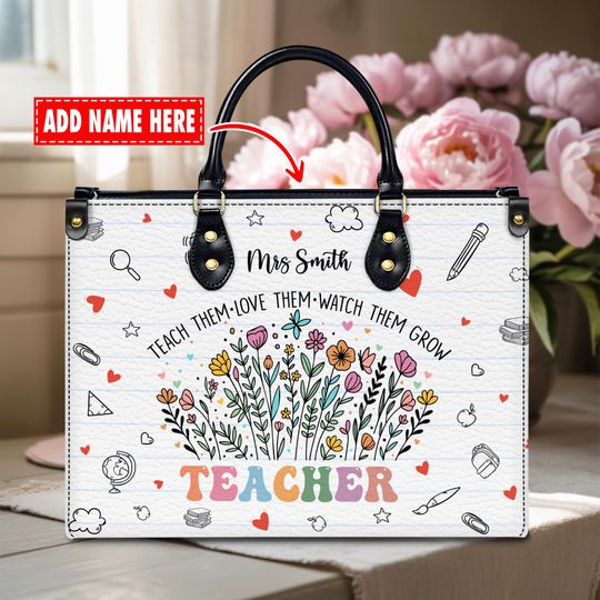 Discover Personalization Teacher Name Leather Handbag - Teacher Floral Bouquet With Classroom