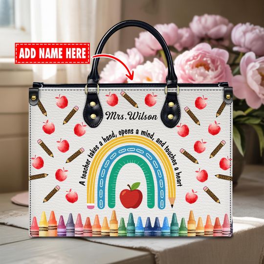 Discover Personalized Teacher Name Leather Handbag - Rainbow Crayons & Apple Design