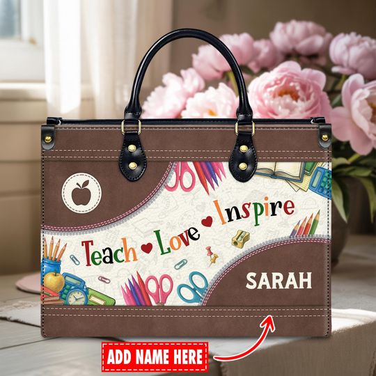 Discover Personalized Teacher Leather Handbag with Classroom Print and Custom Name Panel