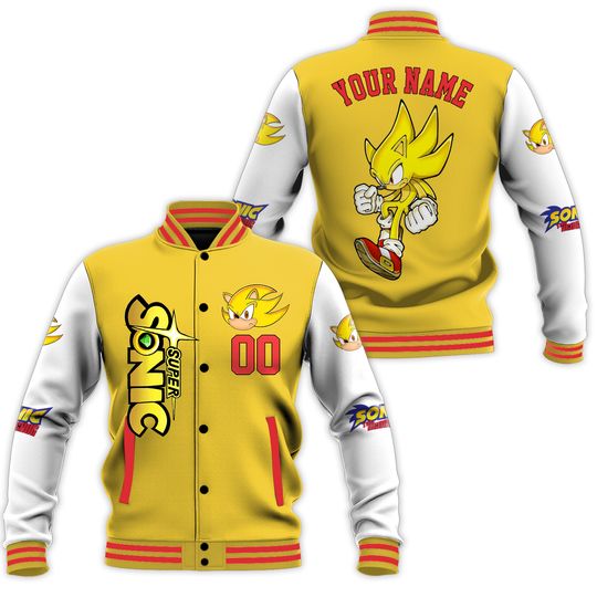 Personalize Super Sonic Varsity Jacket, Custom Sonic the Hedgehog Baseball Jacket