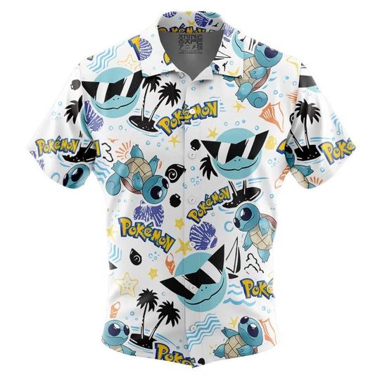 Squirtle Pattern PKM Button Up Hawaiian Shirt Cute Squirtle Tropical Button Up Summer Beach Outfit Fun Squirtle Unisex Style Shirt
